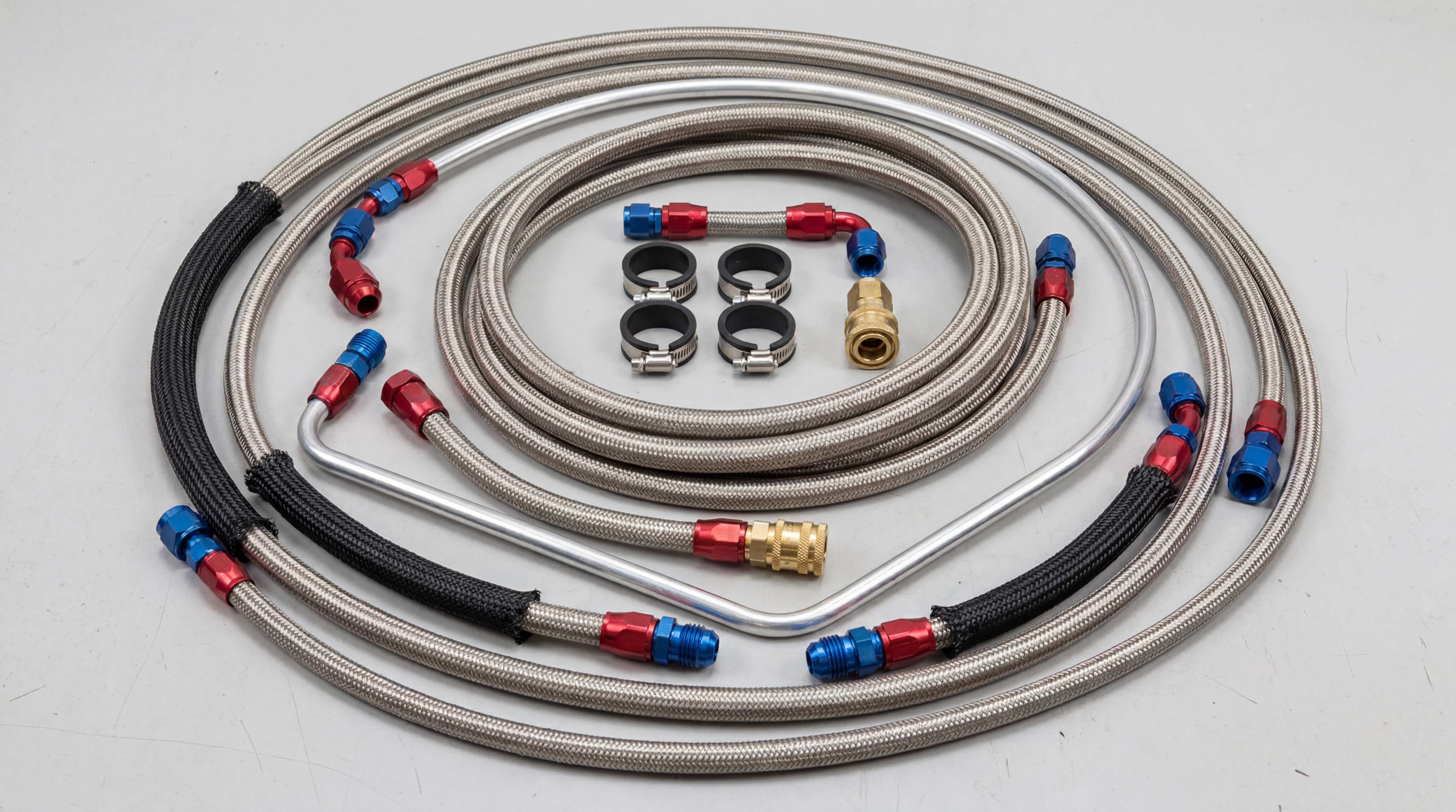 Engine bay fuel line installation showing mixed connectors, hose clamps, braided hose and clear service lines